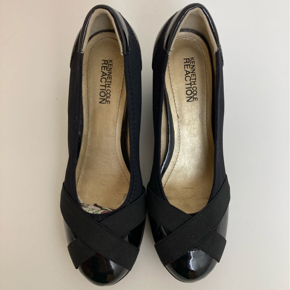 •Kenneth Cole Reaction Don’t Cross Me Faux Black Patent Leather Wedge Shoes #SR